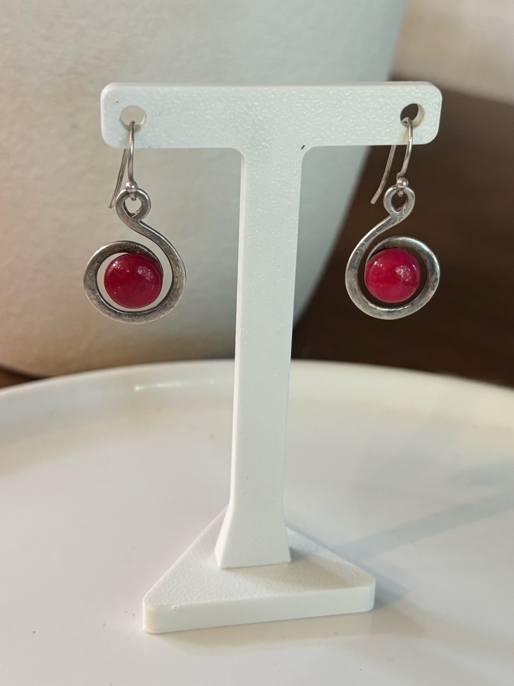 Handmade Sterling Silver Ruby Dangle Earrings 925 India Crimson Swirl 1.5” 6.63g